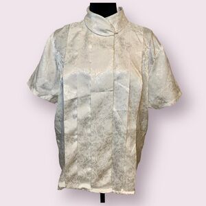 Vintage 90’s White Short Sleeve Blouse Silver Floral Print Karen Scott Size 16